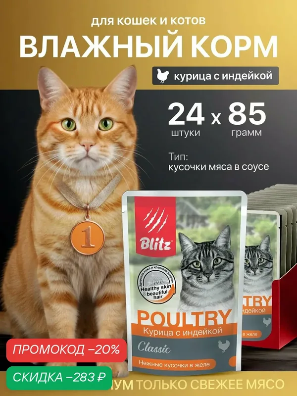 Влажный корм Blitz Classic, для кошек всех пород, курица с индейкой, кусочки в желе, 85 гр/24 шт — Blitz, скидка по промокоду Яндекс Маркет