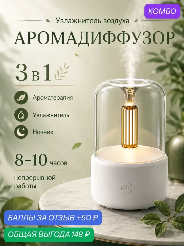Увлажнитель воздуха с подсветкой Свеча, Ультразвуковой аромадиффузор ночник для дома, Белый — промокод и 50 баллов за отзыв Яндекс Маркет