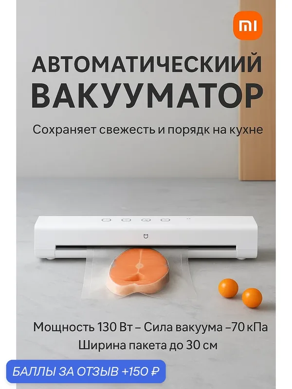 Вакуумный упаковщик Xiaomi Mijia Automatic Vacuum Sealing Machine MJFKJ06XM, белый — Xiaomi, 150 баллов за отзыв Яндекс Маркет