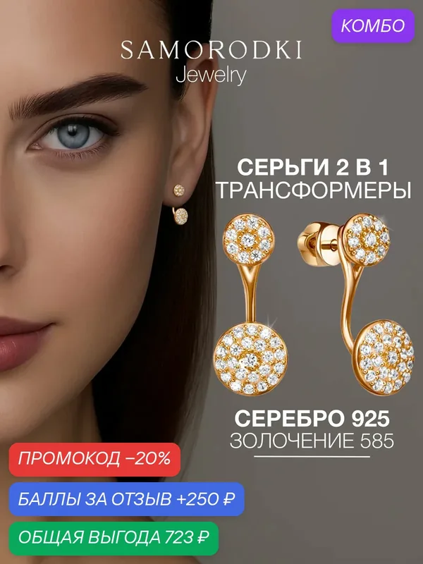 Серьги, серебро, 925 проба, фианит — SamoroDki Jewelry, промокод и 250 баллов за отзыв Яндекс Маркет