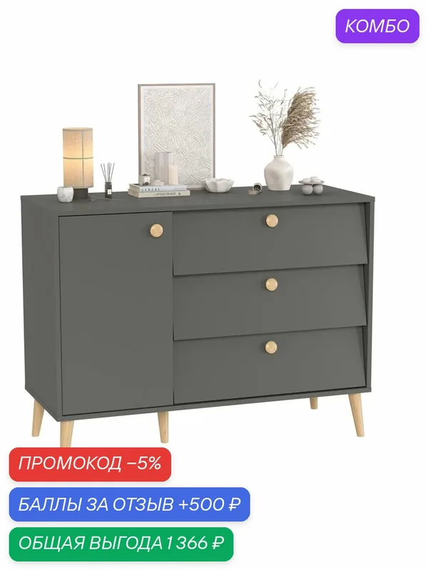 Комод с дверкой и тремя ящиками Афина 4-44901, цвет графит, 110х45, 3х83 см — Гранд Кволити, промокод и 500 баллов за отзыв Яндекс Маркет