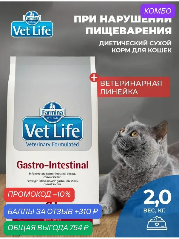 Cухой корм для кошек Farmina Vet Life Gastrointestinal гастро-интестинал 2 кг При заболеваниях ЖКТ — Farmina, скидка по промокоду Яндекс Маркет