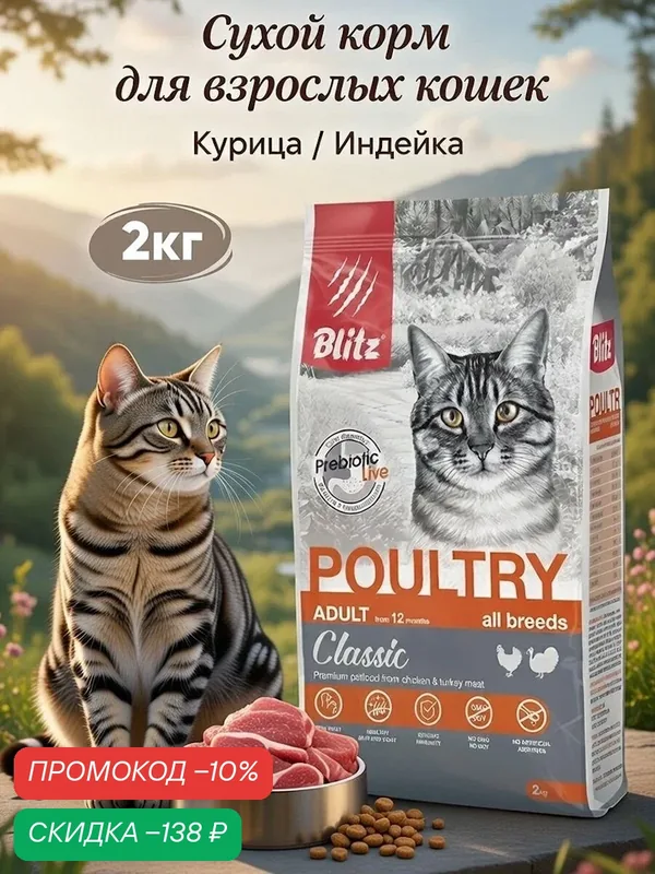 Сухой корм для взрослых кошек Blitz Poultry домашняя птица, 2 кг — Blitz, скидка по промокоду Яндекс Маркет
