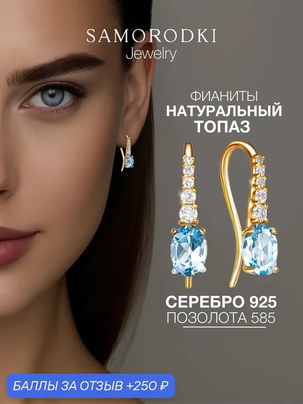 Серьги, серебро, 925 проба, фианит, топаз — SamoroDki Jewelry, скидка по промокоду Яндекс Маркет