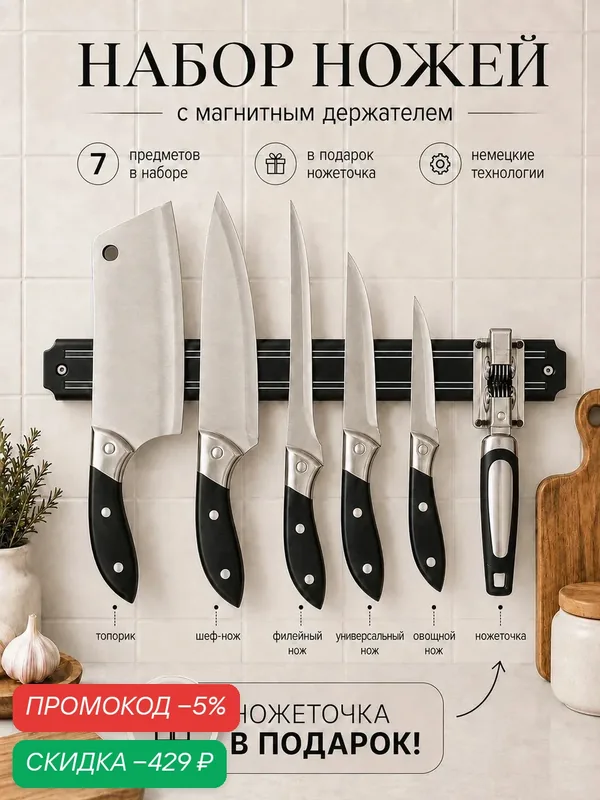 Набор ножей кухонных из 7 предметов — скидка по промокоду Яндекс Маркет