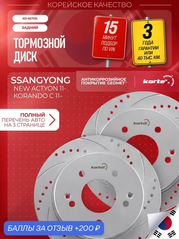 Комплект задних тормозных дисков для SsangYong ACTYON 12, 262 мм, Geomet, перфорация и насечки, 2 шт. — KORTEX, 200 баллов за отзыв Яндекс Маркет