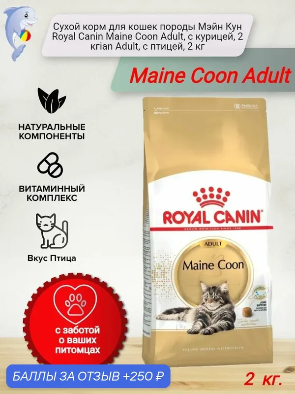 Сухой корм для кошек породы Мэйн Кун Royal Canin Maine Coon Adult, с курицей, 2 кгian Adult, с птицей, 2 кг — Royal Canin, 250 баллов за отзыв Яндекс Маркет