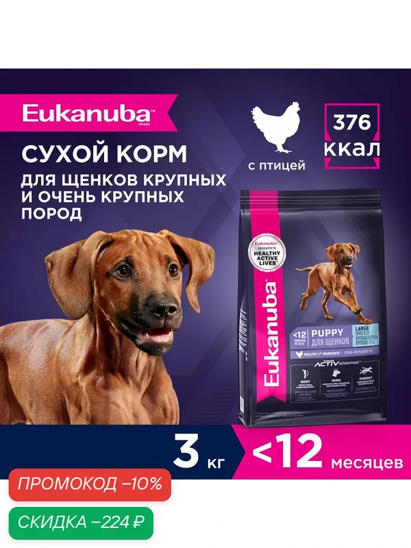 Сухой корм для щенков Eukanuba Puppy Large Breed для крупных пород, 3 кг — Eukanuba, скидка по промокоду Яндекс Маркет
