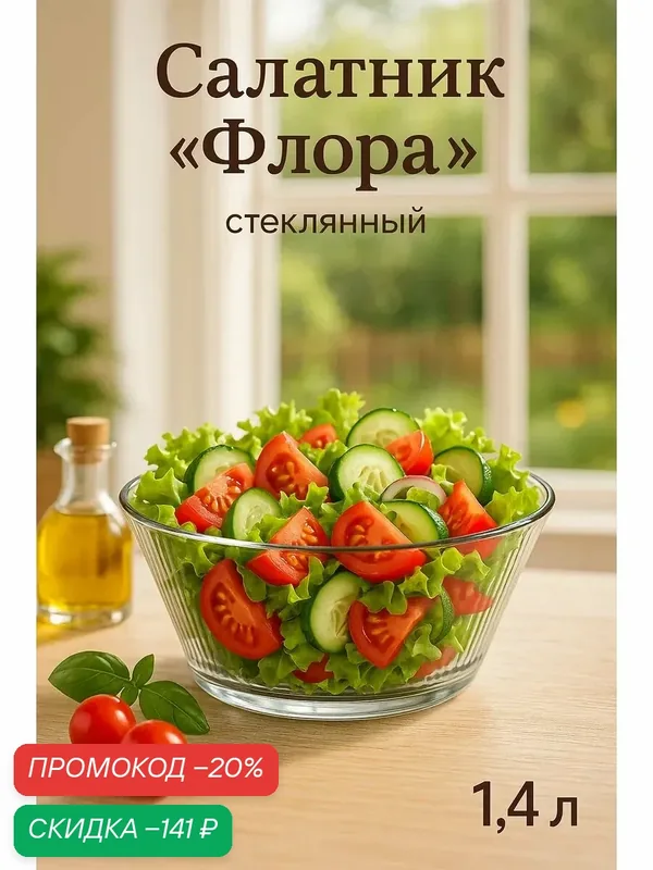 Салатник Доляна «Флора», 1.4 л, 19.5×8.5 см, стекло, цвет серый — Доляна, скидка по промокоду Яндекс Маркет