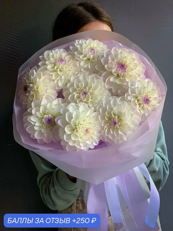Букет из белых георгин в нежной упаковке на любой повод, монобукет — 250 баллов за отзыв Яндекс Маркет