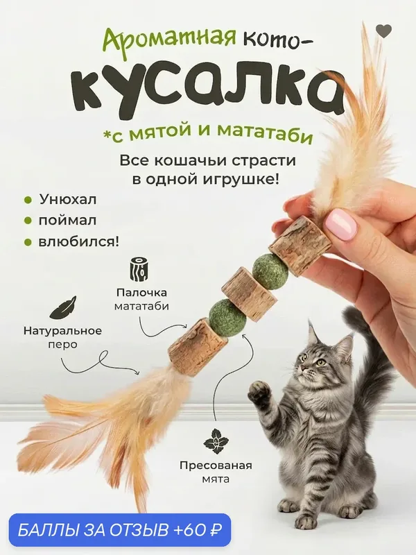 Игрушка для кошек "DPzoo" / палочка мататаби с шариками кошачьей мяты и перьями — DPZOO, 60 баллов за отзыв Яндекс Маркет