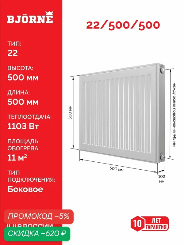Стальной панельный радиатор отопления Bjorne Compact 22/500/500, 500х500 мм, боковое подключение — скидка по промокоду Яндекс Маркет