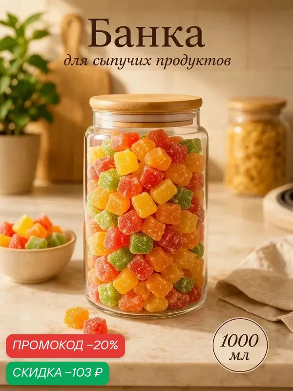Банка стеклянная для хранения сыпучих продуктов BellaTenero «Эко», 1 л, 9.5×18 см, с бамбуковой крышкой — BellaTenero, скидка по промокоду Яндекс Маркет