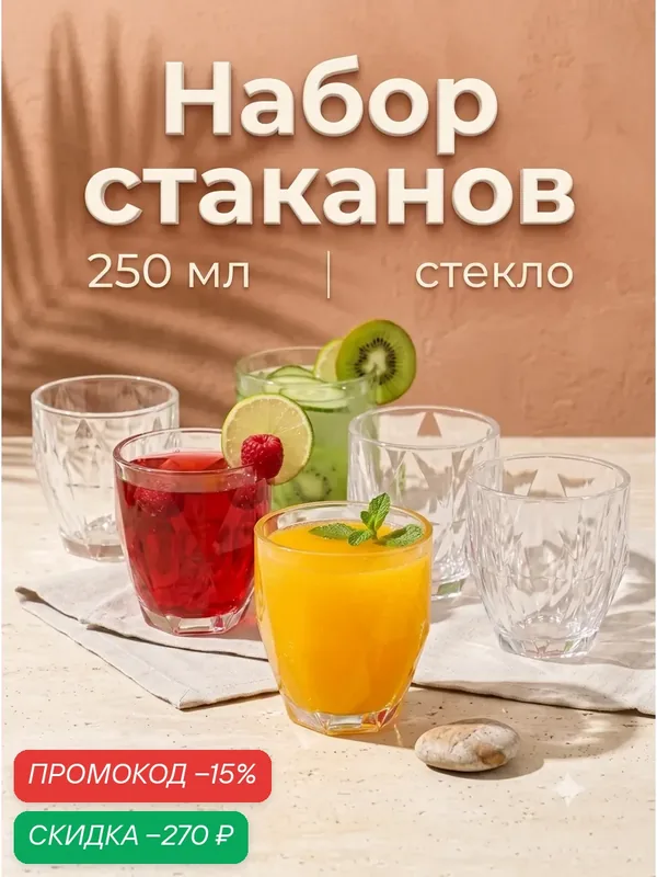 Набор стаканов SKYPHOS «Доменик», стекло, 250 мл, 6 шт, цвет прозрачный — SKYPHOS, скидка по промокоду Яндекс Маркет