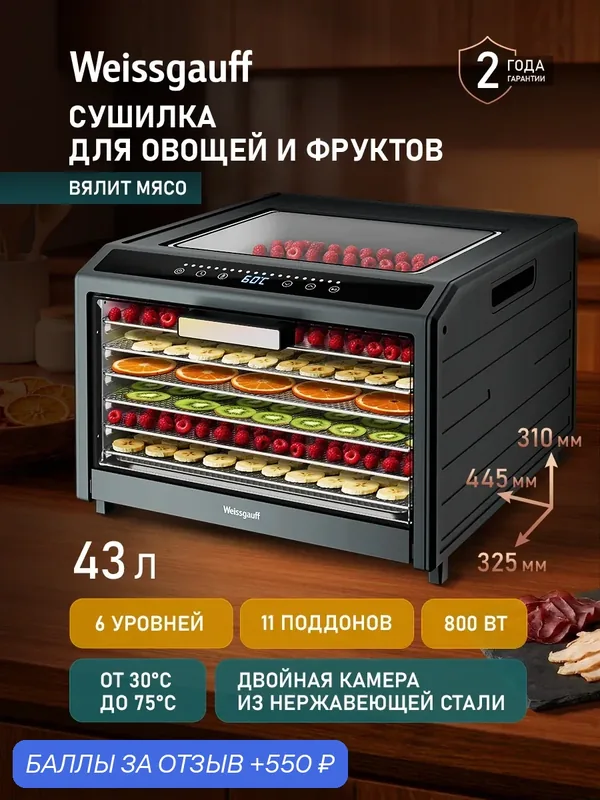 Сушилка для овощей и фруктов электрическая / Дегидратор Weissgauff WDH 220 Fruit & Jerk Pro — Weissgauff, 550 баллов за отзыв Яндекс Маркет