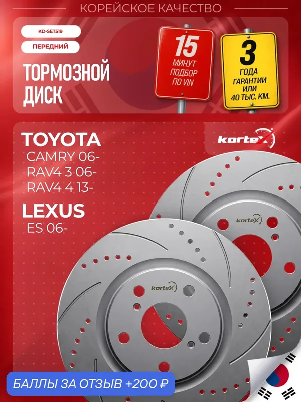 Комплект передних тормозных дисков для Toyota CAMRY V40/RAV 4 III/IV/Lexus ES240/350 06, 296 мм, Geomet, перфорация и насечки, 2 шт. — KORTEX, 200 баллов за отзыв Яндекс Маркет