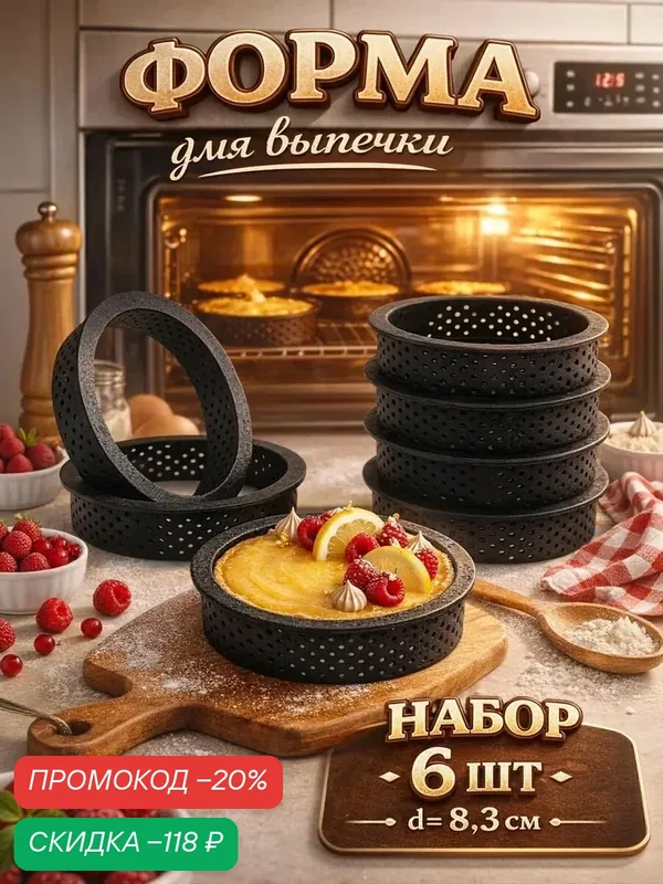 Формы для выпечки тарта Доляна, перфорированные, внутренний d=8.3 см, набор 6 шт, чёрный — Доляна, скидка по промокоду Яндекс Маркет