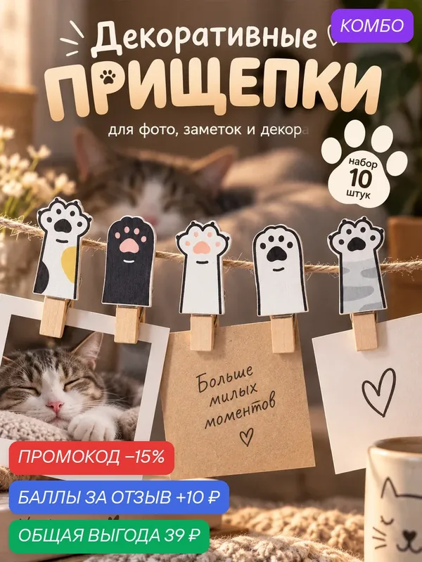 Набор декоративных прищепок "Лапки" набор 10 штук, для творчества — Школа талантов, скидка по промокоду Яндекс Маркет