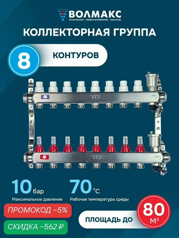 Коллекторная группа RTP, нержавеющая сталь, 8 отводов, евроконус, с расходомером — RTP, скидка по промокоду Яндекс Маркет