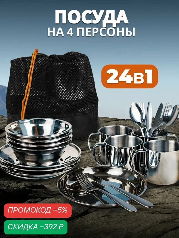 Набор посуды для пикника туристический на 4 персоны — скидка по промокоду Яндекс Маркет