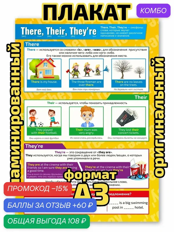 Плакат Квинг "There, Their, They're", ламинированный, А3, для изучения английского языка — Квинг, промокод и 60 баллов за отзыв Яндекс Маркет