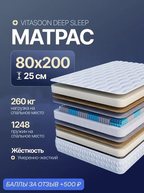 Матрас 80х200 ортопедический пружинный высота 25 см Vitasoon Deep Sleep детский односпальный — VitaSoon, 500 баллов за отзыв Яндекс Маркет