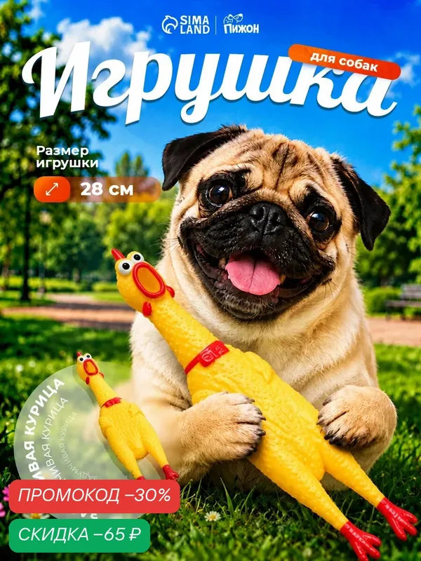 Игрушка для собак "Кричащая курица" с пищалкой, резиновая, жевательная, антистресс, 28 см — ПИЖОН, скидка по промокоду Яндекс Маркет