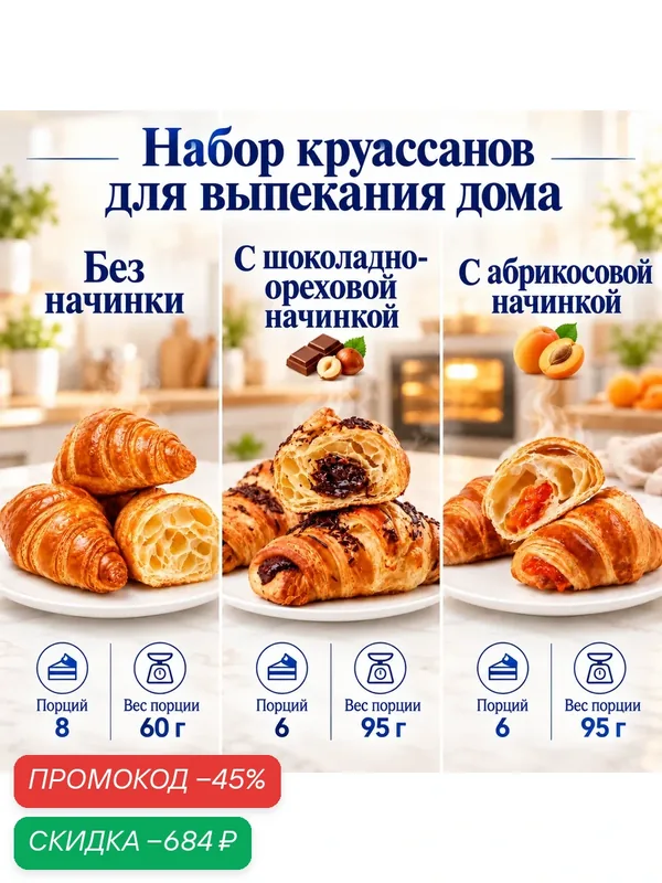 Набор круассанов, 3 вида: шоколадно-ореховые 570 г, абрикосовые 570 г, без начинки 480 г, замороженные для выпекания — Dessert Fantasy, скидка по промокоду Яндекс Маркет