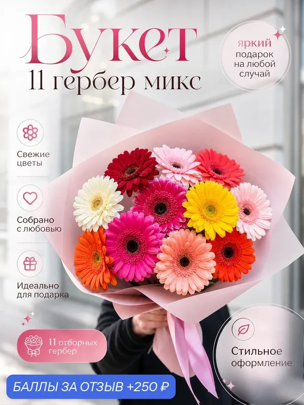 Букет цветов 11 гербер микс с эвкалиптом с доставкой за 1 час, живые цветы премиум, монобукет — Цветочки, 250 баллов за отзыв Яндекс Маркет