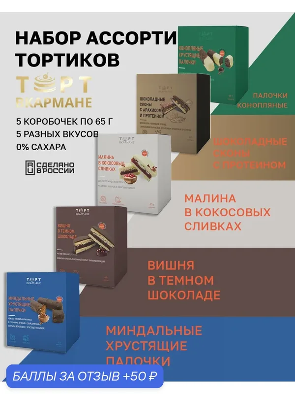 Ассорти вкусов № 2 Торт Вкармане, 5 шт по 65 гр (без сахара, лактозы, глютена) — Торт вкармане, 50 баллов за отзыв Яндекс Маркет
