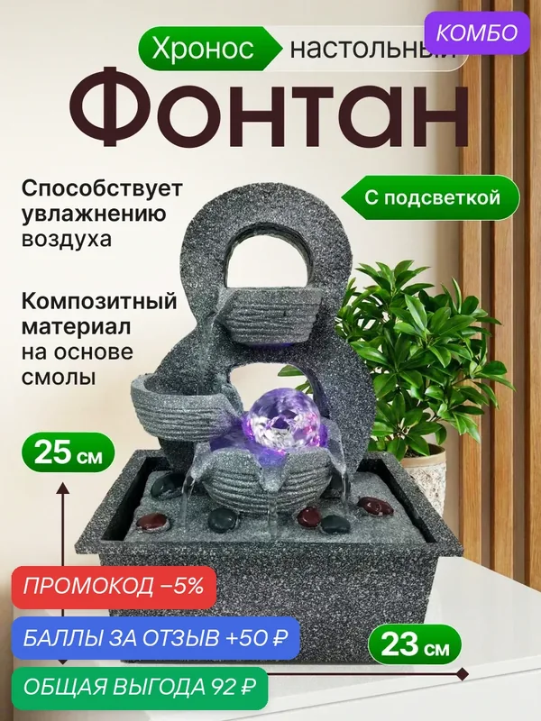 Фонтан Svendsen «Хронос», настольный, серый, смола, 31x21 см — промокод и 50 баллов за отзыв Яндекс Маркет