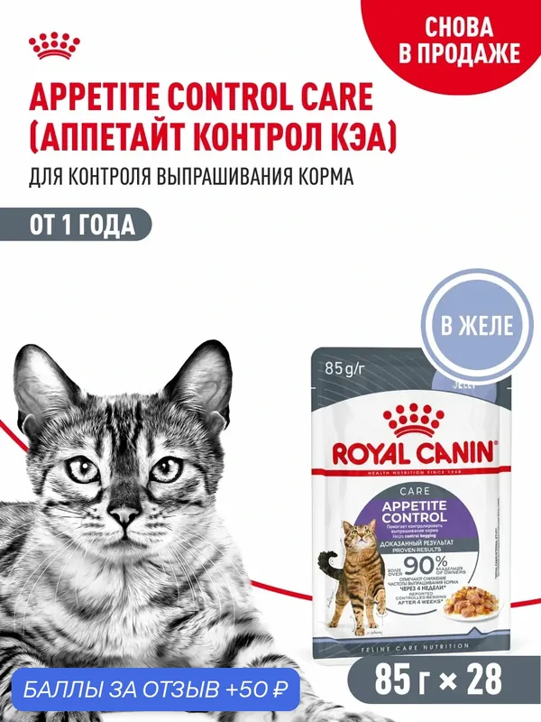 Влажный корм для кошек Royal Canin Appetite Control для контроль веса, кусочки в желе, 28 шт по 85 г — Royal Canin, 50 баллов за отзыв Яндекс Маркет