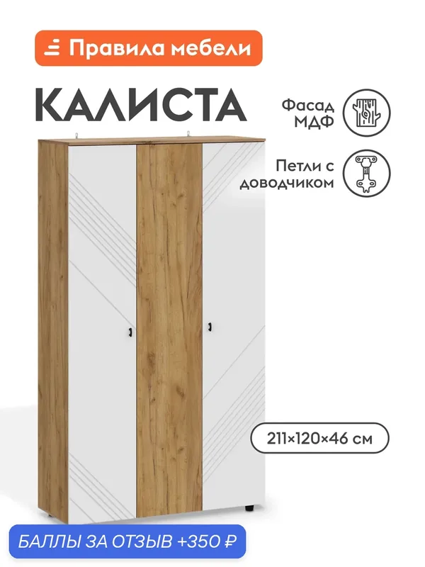Распашной шкаф для одежды и хранения вещей Калиста Стандарт с полками, со штангой, 120х46.4х210.6 см, Дуб золотой / Белый матовый — Правила мебели, 350 баллов за отзыв Яндекс Маркет