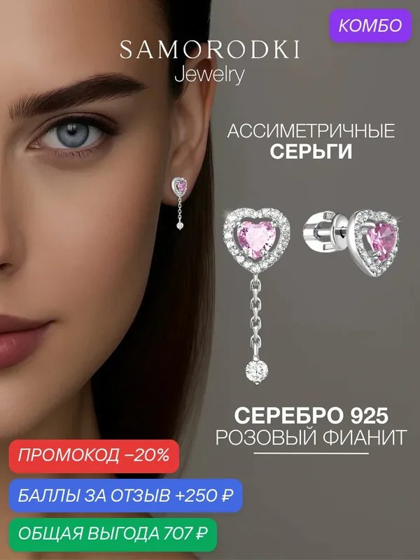 Серьги пусеты, серебро, 925 проба, родирование, фианит — SamoroDki Jewelry, промокод и 250 баллов за отзыв Яндекс Маркет