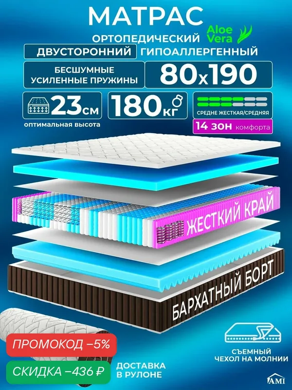 Ортопедический односпальный матрас 80х190 см на кровать, рулонный, независимый пружинный блок, съемный чехол Ами Мебель — AMI, скидка по промокоду Яндекс Маркет