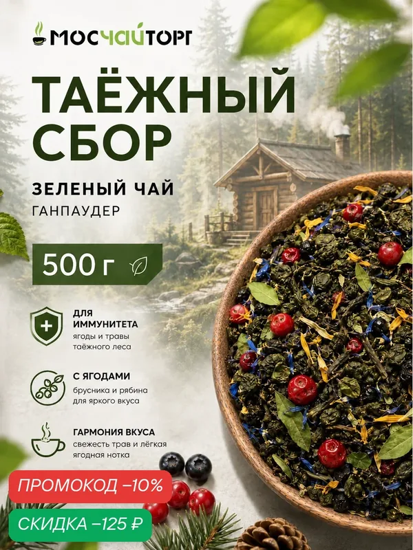 Чай зеленый рассыпной, крупнолистовой травяной Таежный сбор 500г, полезный — Мосчайторг, скидка по промокоду Яндекс Маркет