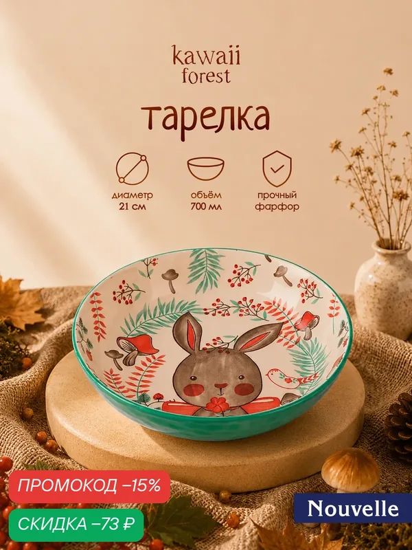 Тарелка фарфоровая глубокая "Kawaii", заяц, d21см, 700 мл, Nouvelle — Nouvelle, скидка по промокоду Яндекс Маркет