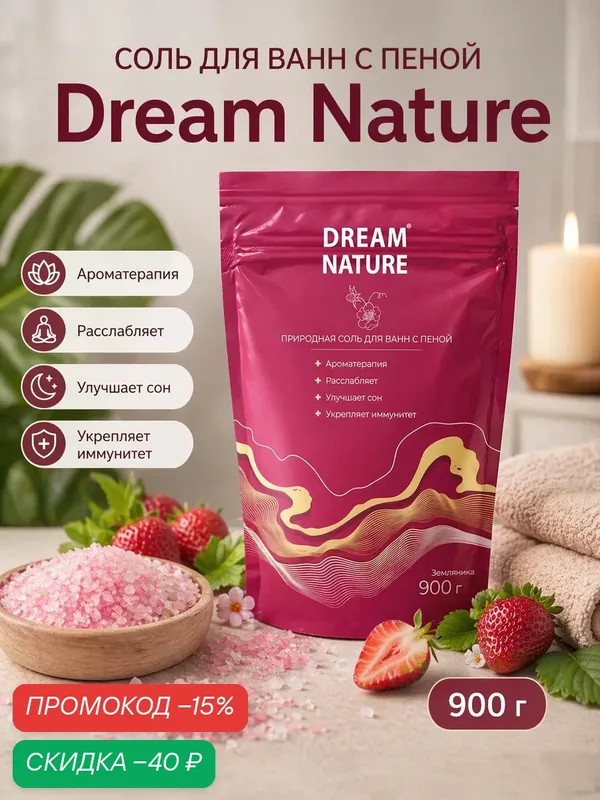 Соль для ванны Dream Nature "Земляника", морская, с пеной, 900 гр — Dream Nature, скидка по промокоду Яндекс Маркет