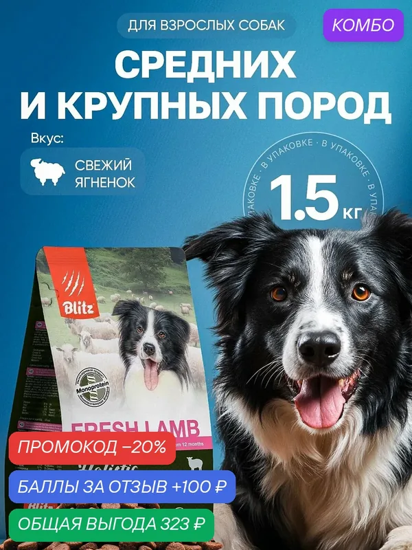Сухой корм Blitz Holistic, для средних и крупных пород собак, со свежим ягненком, 1.5 кг — Blitz, промокод и 100 баллов за отзыв Яндекс Маркет