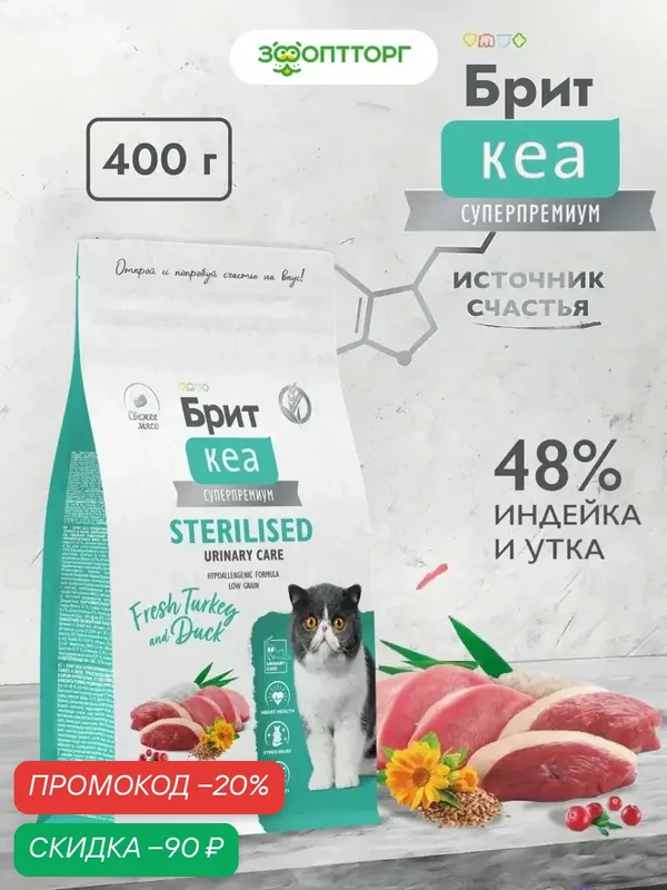 Сухой корм Brit Care Cat Sterilised Urinary Care для стерилизованных кошек для профилактики МКБ Индейка и утка, 400 г. — Брит, скидка по промокоду Яндекс Маркет