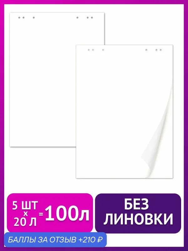 Бумага / листы / блокнот / блок для флипчарта Brauberg, комплект 5 штук, 20 листов, чистые, 67, 5х98 см, 80 г/м2, 124098 — BRAUBERG, 210 баллов за отзыв Яндекс Маркет