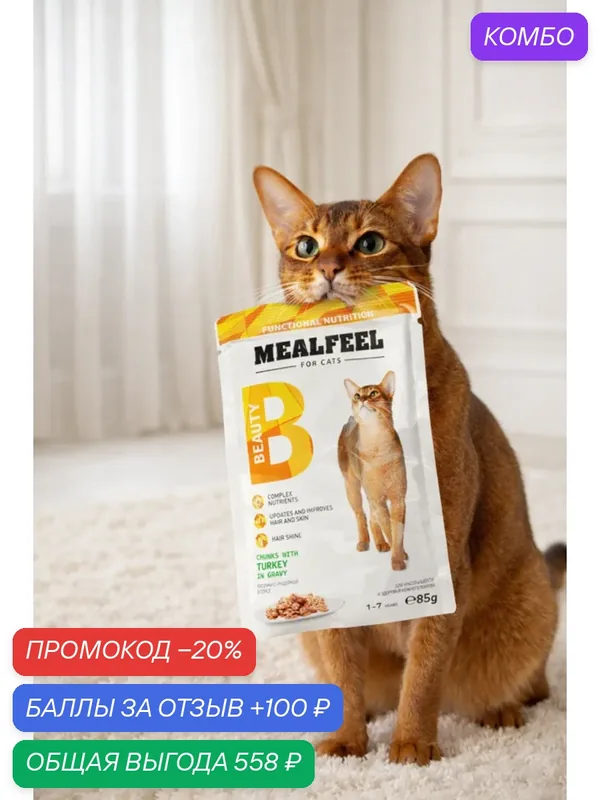 Корм Mealfeel Beauty, влажный, для кошек, с индейкой, 85 г, 14 шт — MEALFEEL, промокод и 100 баллов за отзыв Яндекс Маркет