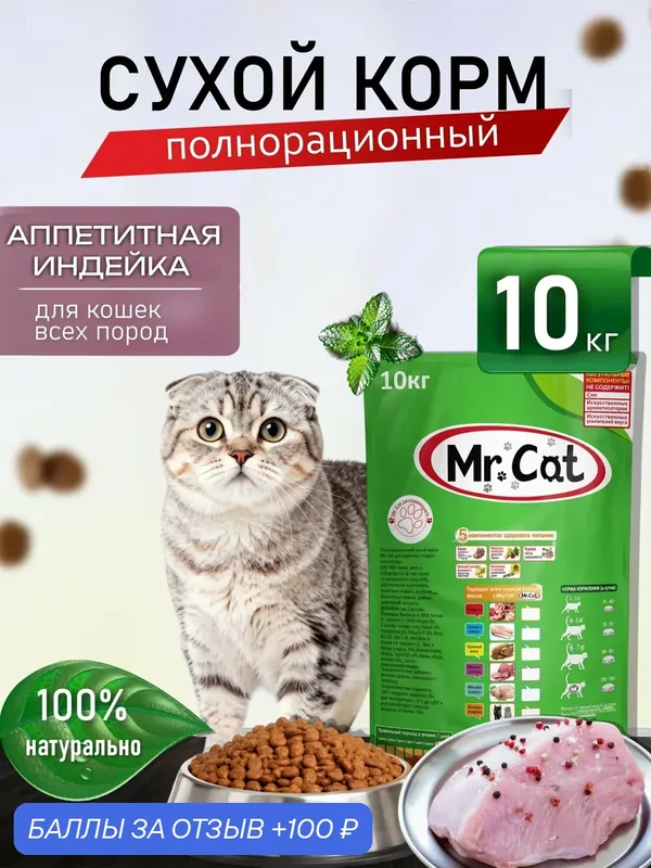 Корм для кошек сухой 10 кг аппетитная индейка — Mr. Cat, 100 баллов за отзыв Яндекс Маркет