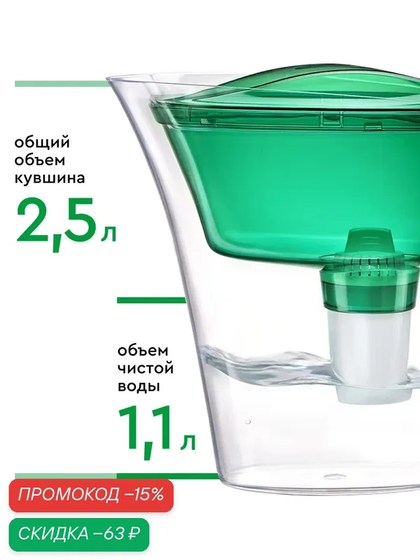 Фильтр для воды, кувшин, XS, предотвращает накипь, объем 2, 5 л, ресурс 200 л, цвет зеленый, сменная кассета в комплекте — скидка по промокоду Яндекс Маркет