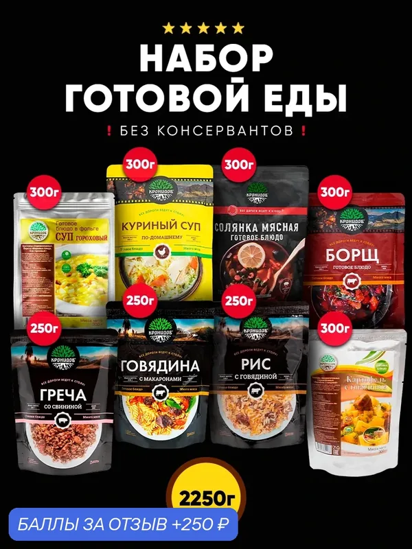 Набор из 8 готовых блюд Кронидов: Суп гороховый/ Куриный суп по-домашнему/ Борщ/ Греча со свининой/ Макароны с говядиной/ Рис с говядиной/ Картофель с говядиной. Готовая еда — Кронидов, 250 баллов за отзыв Яндекс Маркет