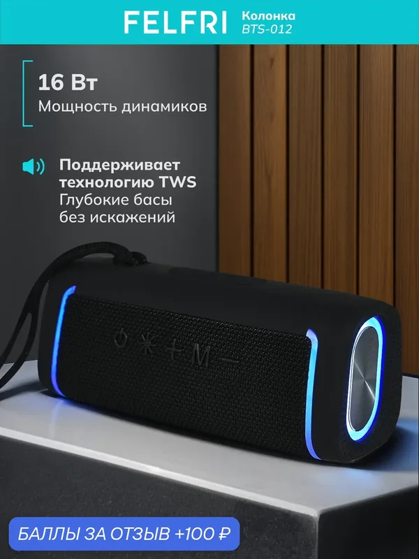 Портативная колонка BTS-012, 16Вт, стерео, FM-радио, влагозащита IPX5 — FELFRI, 100 баллов за отзыв Яндекс Маркет