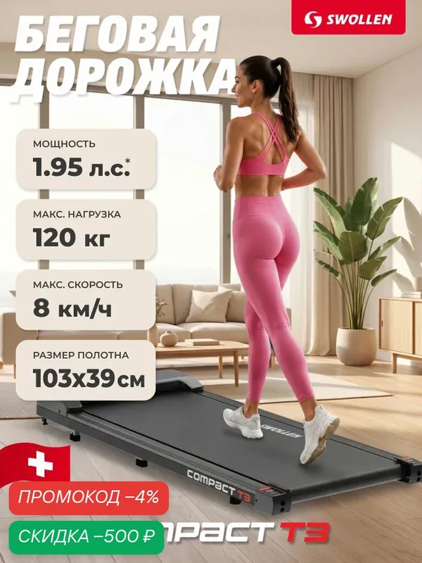 Беговая дорожка электрическая для дома SWOLLEN Compact T3 (1.95 л. с. - до 120 кг — 8 км./ч. — 103 х 39 см) — SWOLLEN, скидка по промокоду Яндекс Маркет