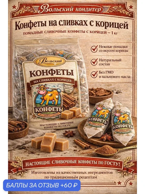 Конфеты Вольский кондитер "Cream Fudge"на сливках с корицей, помадные, 1кг. — Вольский кондитер, 60 баллов за отзыв Яндекс Маркет