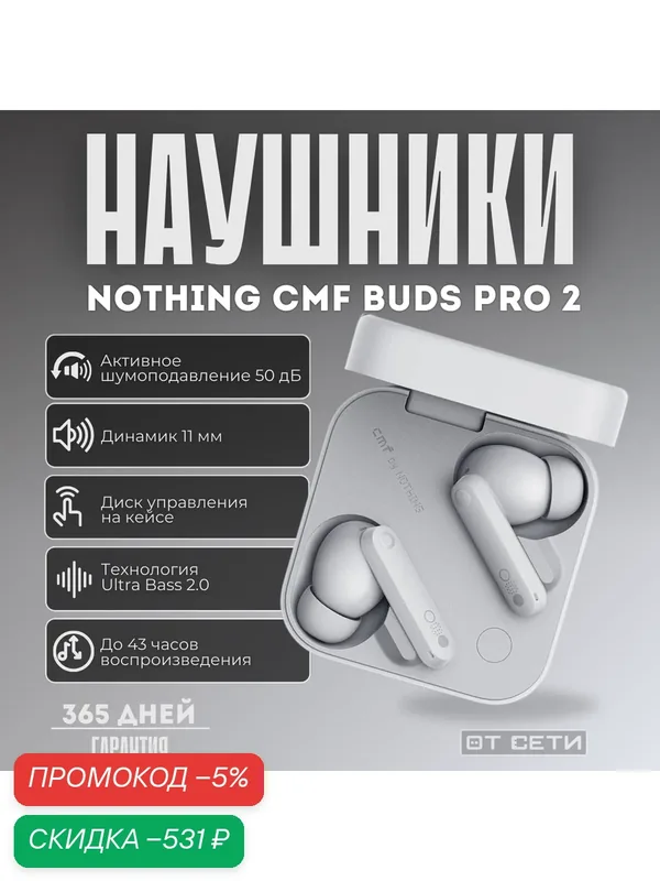 Беспроводные наушники Nothing CMF Buds Pro 2 с шумоподавлением, светло-серый, B172 — NOTHING, скидка по промокоду Яндекс Маркет