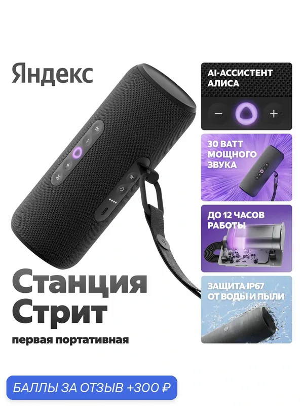Портативная умная колонка Яндекс Станция Стрит с Алисой, 30 Вт, чёрный — Яндекс, 300 баллов за отзыв Яндекс Маркет